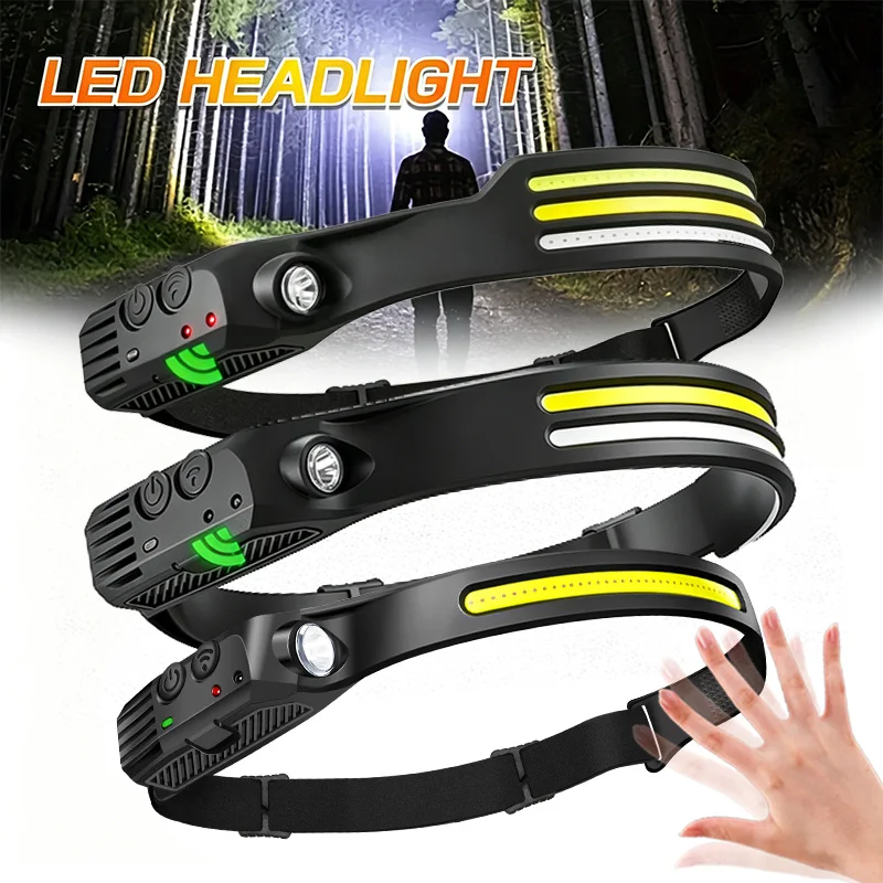 

USB Rechargeable COB LED Headlamp, Motion Sensor Built-in Battery Headlight Bright IPX4 Waterproof for Outdoor Camping Hiking
