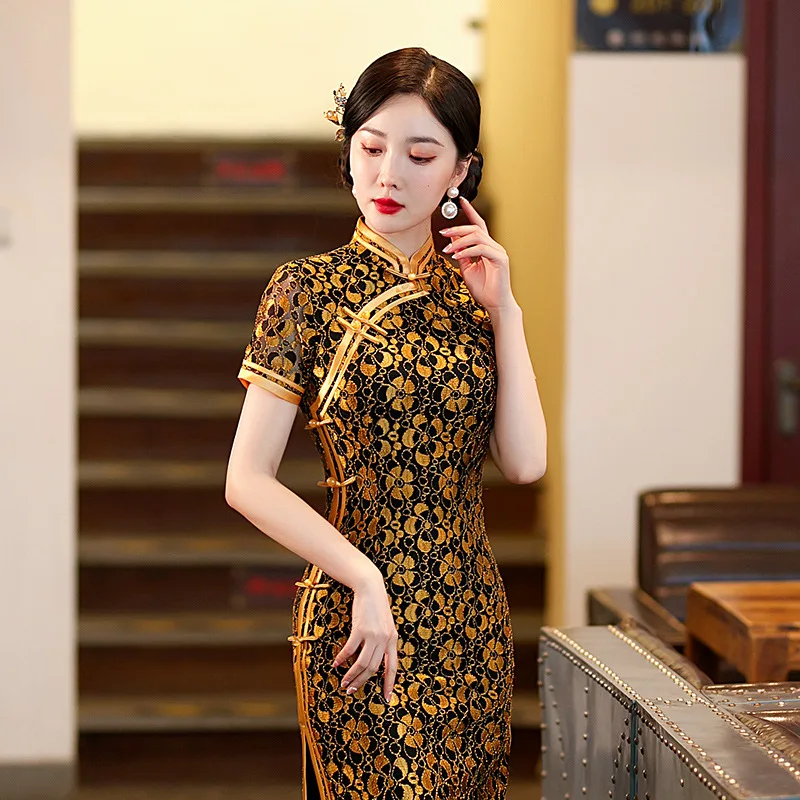 Yourqipao Yellow Sexy Cheongsam Lace Hollow Short-sleeved Stand Collar Qipao Chinese Style Evening Dress Tang Suit for Women