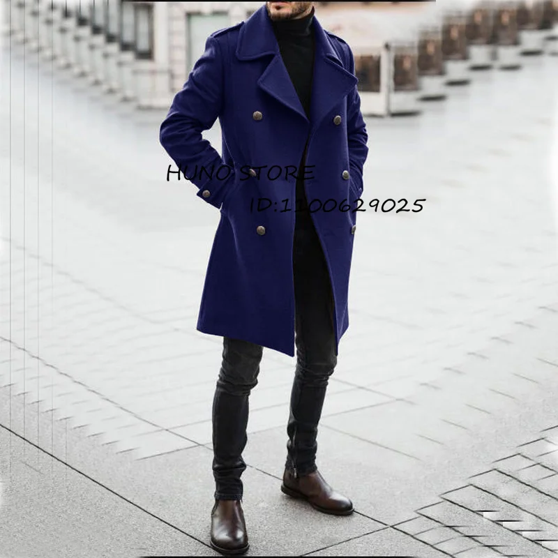 Winter Men\'s Wool Long Coat Slim Fit Double Breasted Customized Dress Elegant For Male Cotton Jacket מעיל ארוך