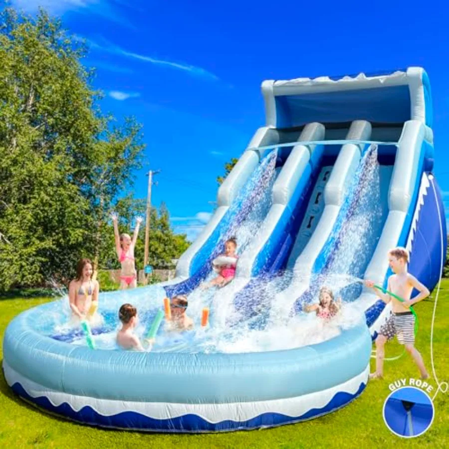 

Backyard inflatable water slide for kids and adults: 20.6FT triple-slide swimming play center, lightweight premium PVC, blue an