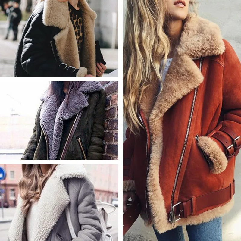 Motorcycle Deer Skin Velvet Lamb Wool Coat Women\'s Lapel Fur Cotton Coat