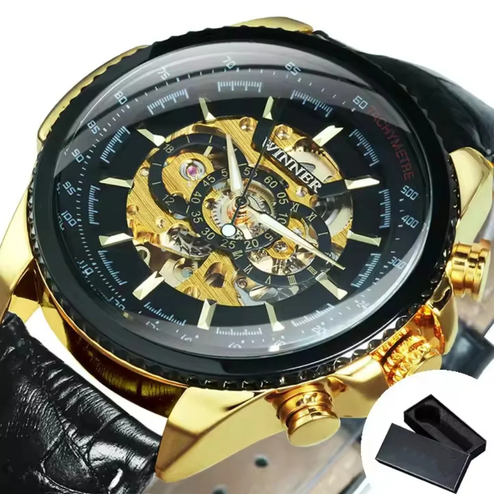 

European and American Military-Style High-End Business Men's Mechanical Watch, Automatic Winding, Skeleton Design, Round Dial, Leather Strap, High-End Luxury Fashion, Casual, Simple, Versatile, Stylish Men's Watch, Suitable for Various Occasions, Ideal fo