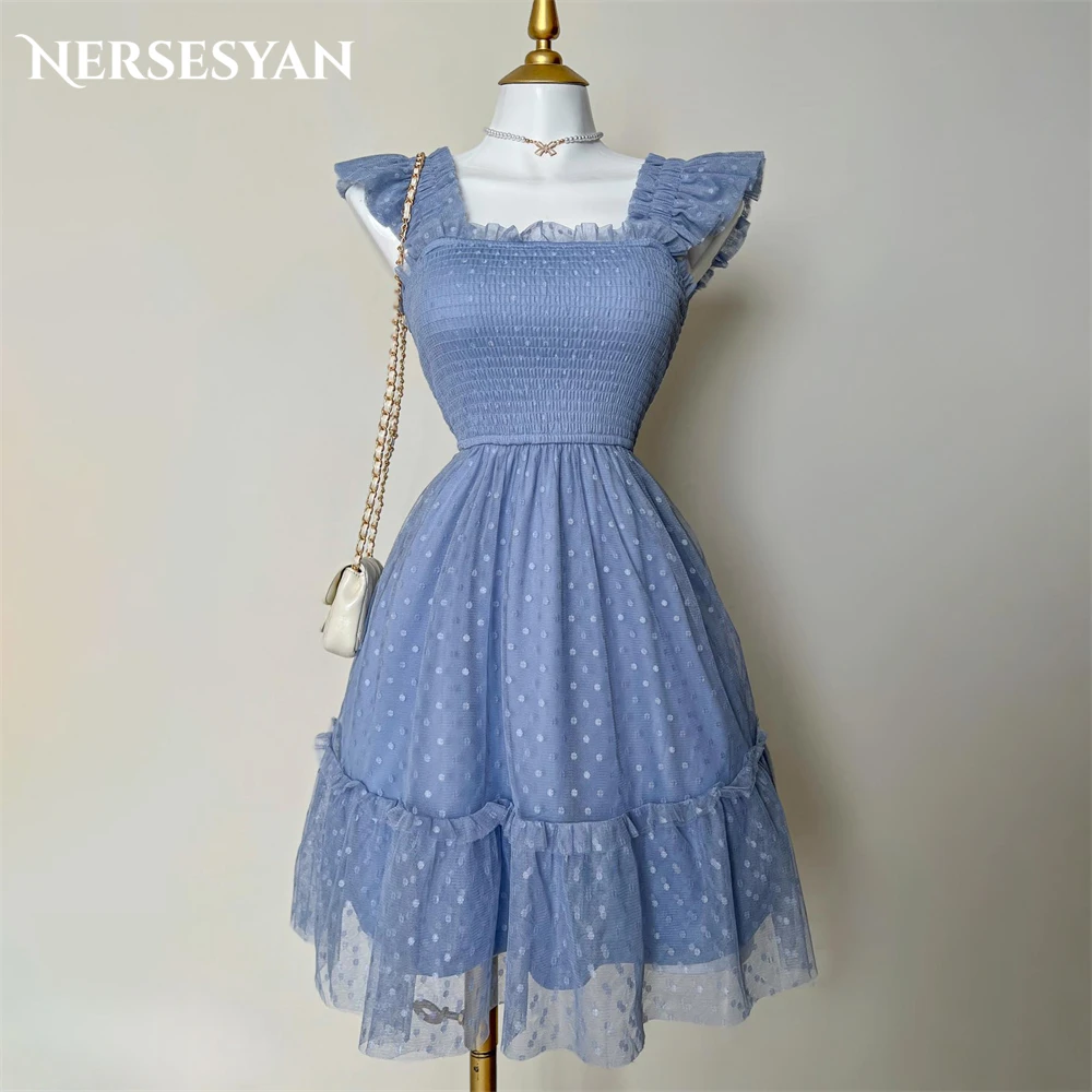 

Nersesyan Blue Dot Tulle Formal Evening Dresses Ruched Square Collar A-Line Prom Dress Pleats Graduation Party Gowns Homecoming