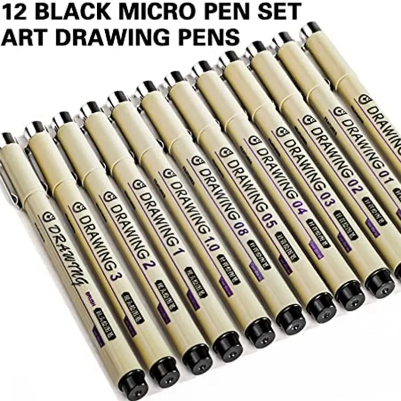 AA83 Painting Art Pens: 12 Black Fine Line Waterproof Ink Set Art Supplies Markers Drawing Sketch Anime Watercolor