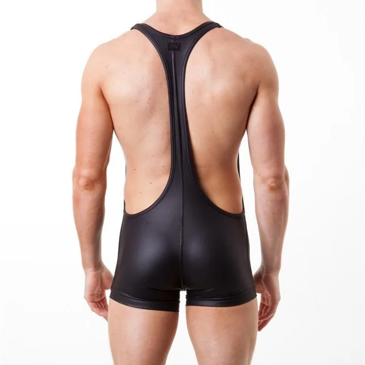 Fashion Faux Leather Sexy Men underwear jumpsuit bodysuit men's undershirt style V vest wrestling Singlet Jockstrap S-XL