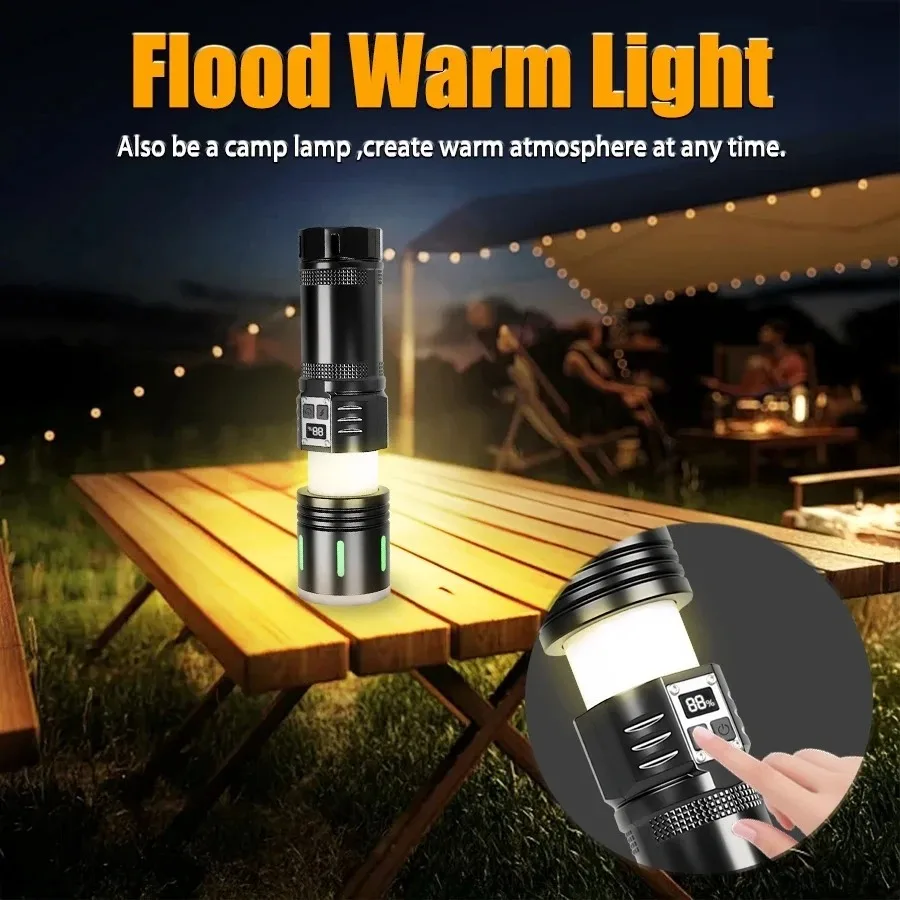 

1000LM Zoom LED Flashlight Digital Display Long Battery Life COB Atmosphere Torch Outdoor Camping Fishing Emergency Light