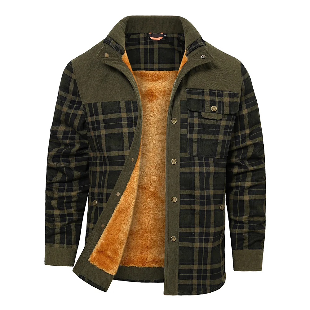 Man Plush Coat Autumn Winter New Thicken Warm Plaid Patchwork Male Jacket Stand Collar Long Sleeve Pocket Soft Men Outerwear