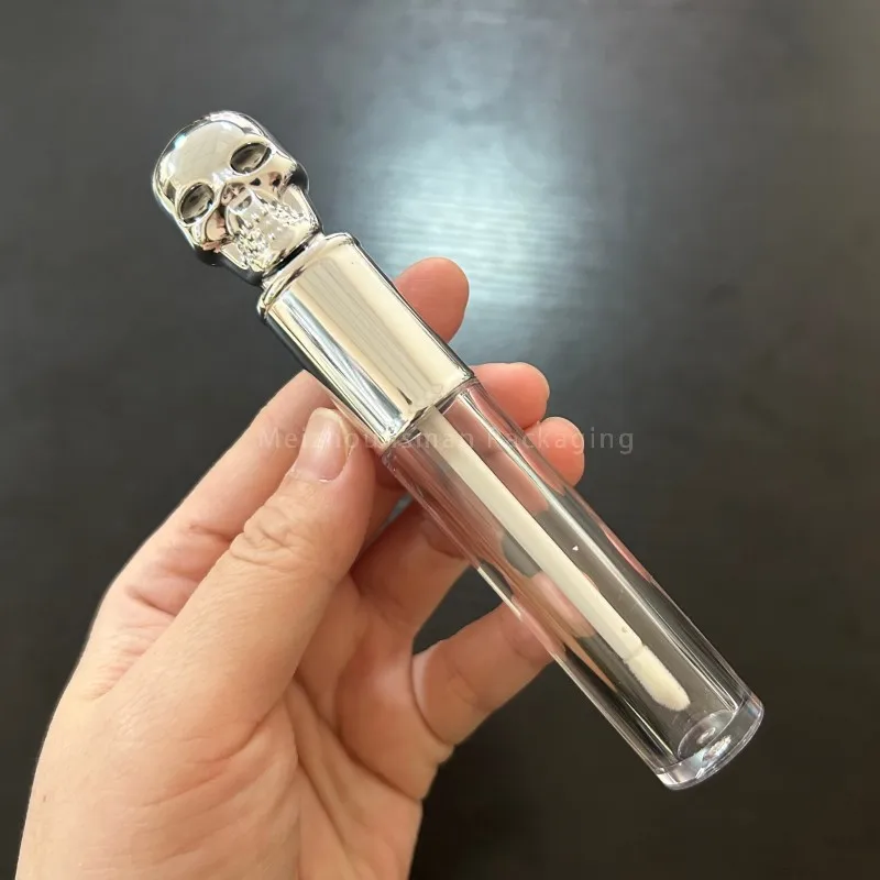 50 pz vuoto unico teschio nero oro nastro scheletro superiore trasparente lucidalabbra tubo contenitore per imballaggio per Halloween con bacchette 5 ml