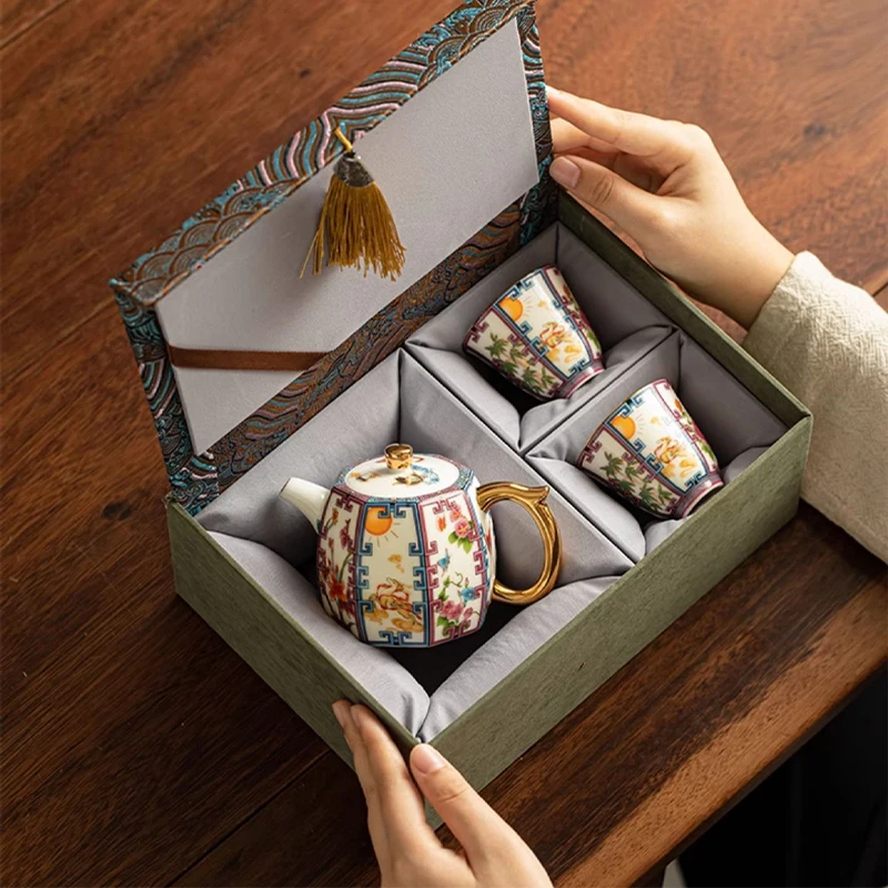 Eight Sided Wealth Gathering Pot Ceramic Enamel Color Tea Pot One Pot Two Cups Household Handle Pot Kung Fu Tea Set Gift Box Set