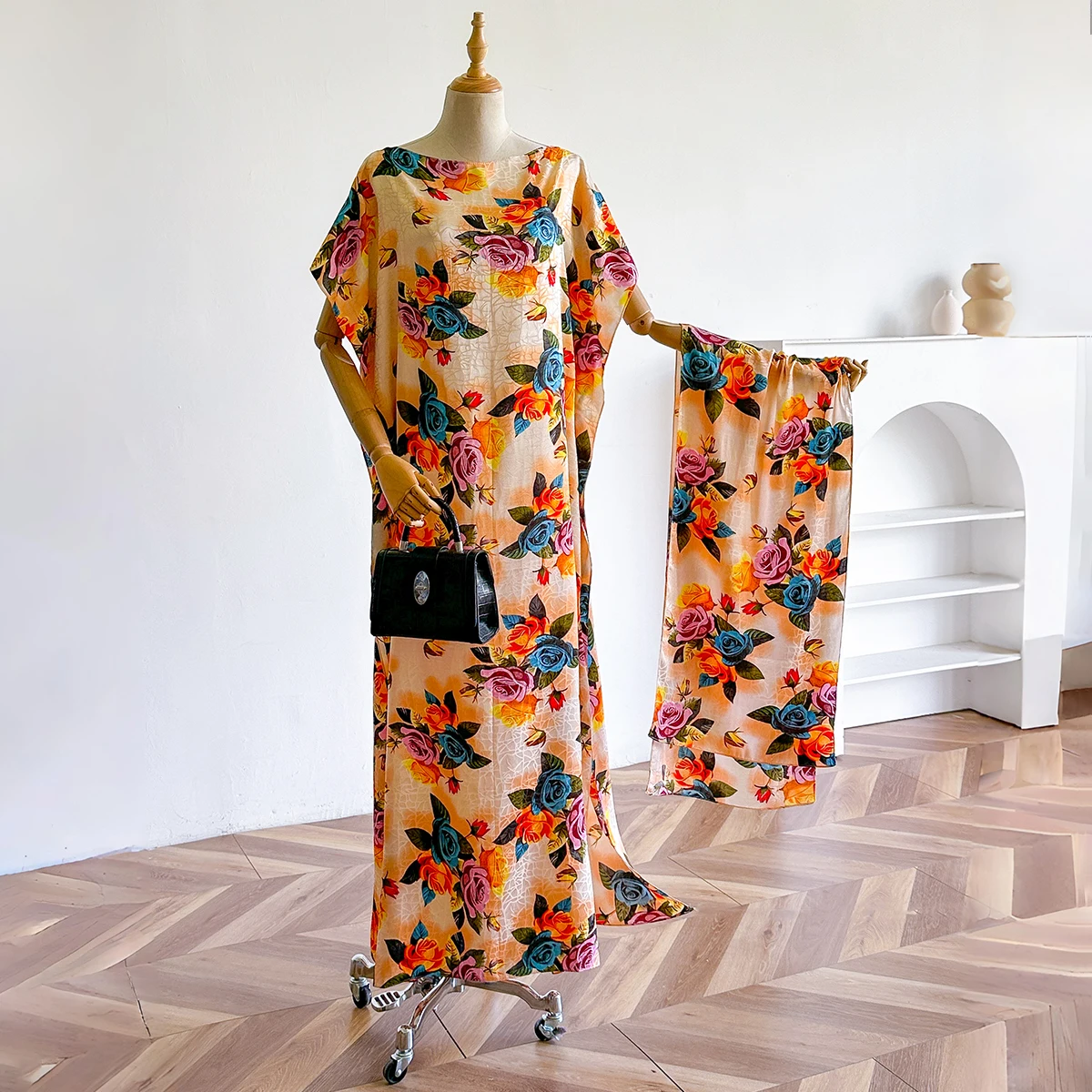 2023 neue Stil Mode Oversize Afrikanische Frauen Kleidung Dubai Dashiki Abaya Floral Print Design Mit Schal Lose Lange Kleid