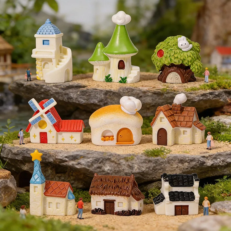 1pc Mini Resin House Figurine Micro Landscape DIY Ornament Realistic Moss Landscape Scenery Decoration Accessories