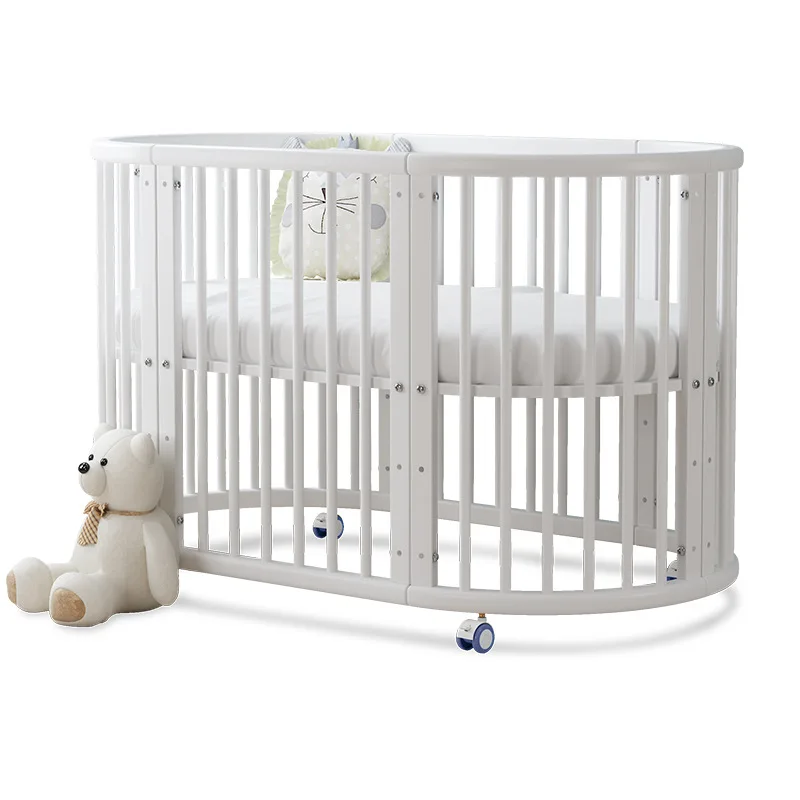 Solid Wood European Baby Crib White Round Multifunctional Movable Newborn Splicing Large Bed Crib for Nursery