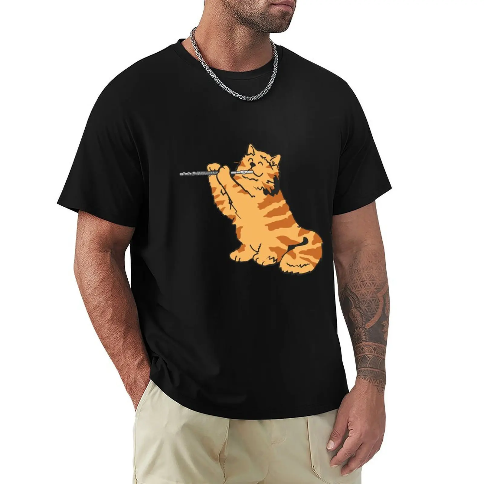 Flute Cat Transverse Flute Player Flutist Kitten T-Shirt Streetwear Print Tee Shirt
