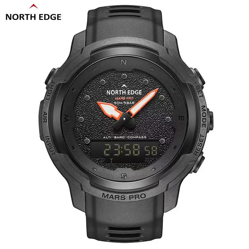 NORTH EDGE MARS‑PRO Analog Digital Watch 50M Waterproof Men Sports Watch Carbon Fiber Case Rubber Strap Outdoor Quartz Wristwatc
