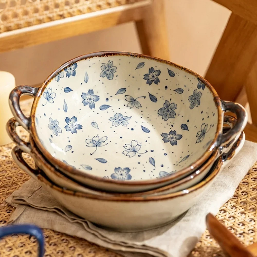 

7.5inch Japanese Household Noodle Bowl Ceramic Soup Bowl With Handle Salad Pasta Bowl Kitchen Tableware Microwave Oven Bakware