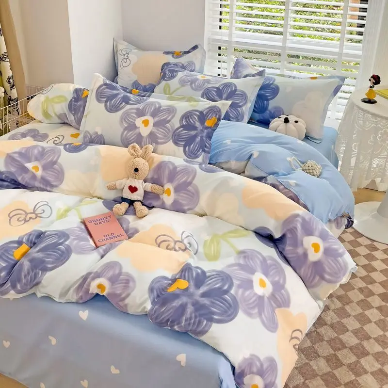 Imagem -06 - Conjunto de Cama Rosa Coelho dos Desenhos Animados para Meninas Capa de Edredão Lençol Plano Colcha Floral Fronha Rainha Tamanho Completo Gêmeo Kawaii