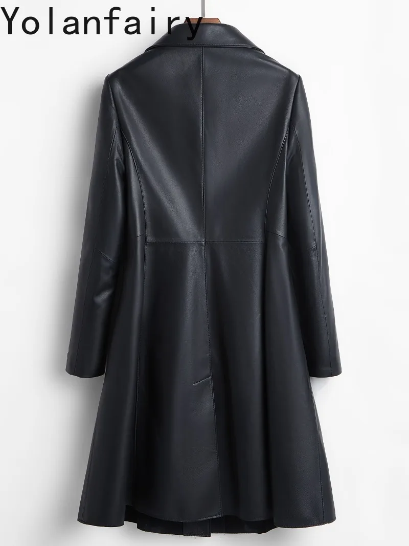 YOLANFAIRY 100% Real Sheepskin Trench Coat Woman Mid-length Genuine Leather Jacket Women Elegant Mid-length Black Leather Coats