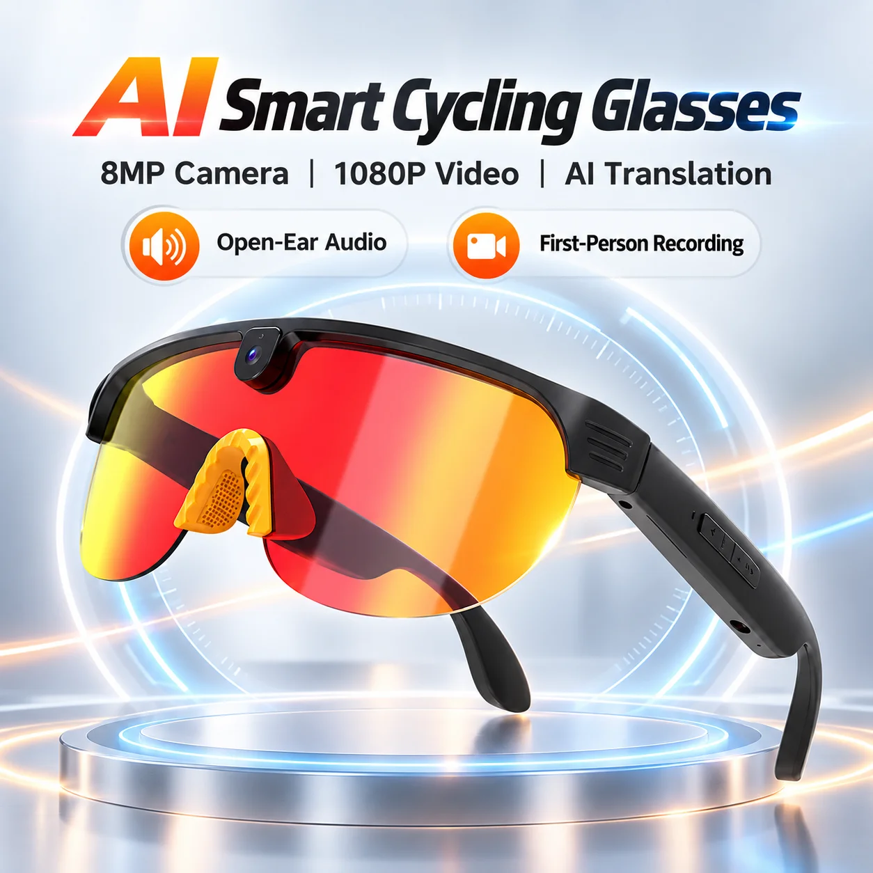 Smart Camera Cycling Glasses 8MP 1080P AI Translator Open Ear Bluetooth Audio Voice Control 32GB Outdoor Sports Glasses