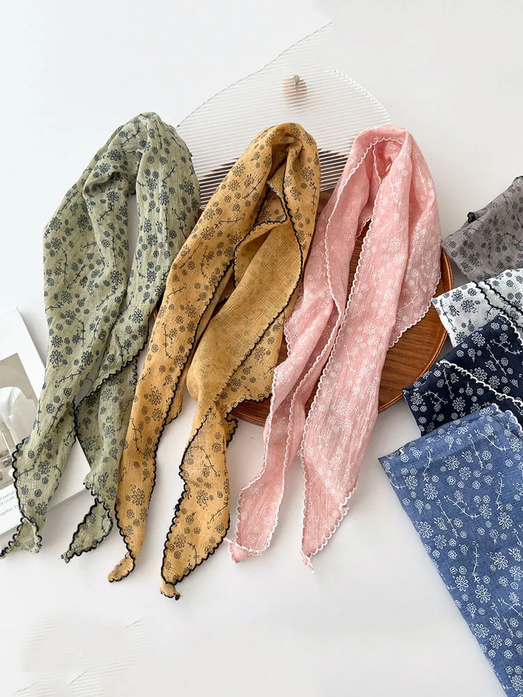 Flower Print Cotton Line Floral Lace Triangle Scarves Small Vintage Skinny Scarf F Women Girls Headband Accessories Handkerchief