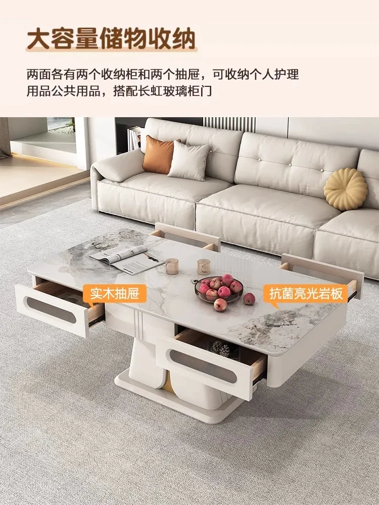 Dual purpose, minimalist, modern, luxurious, multi-functional electric living room, with adjustable coffee table