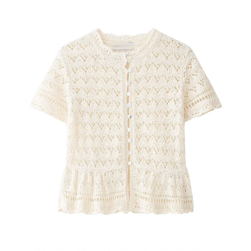 

WOMEN 2026 Summer New Fashion Hollow-out short-sleeved knitted Cardigan Sweater Retro All-match Casual Female Outerwear Chic Top