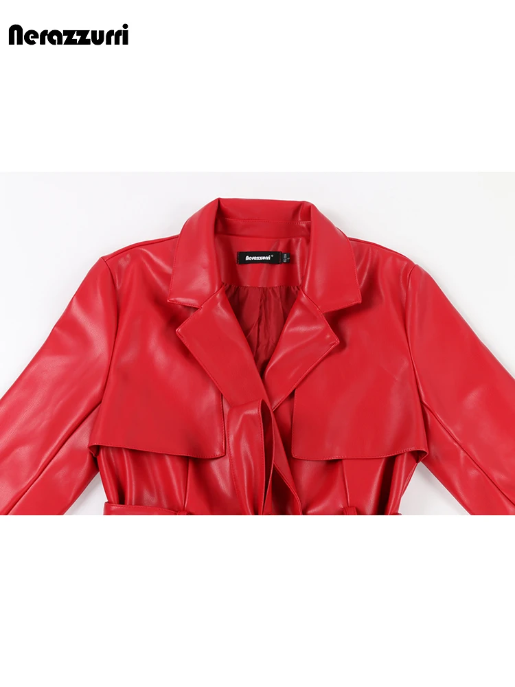 Nerazzurri Spring Autumn Long Red Soft Pu Leather Trench Coat for Women Pockets Sashes Luxury Elegant Chic Stylish Overcoat 2023