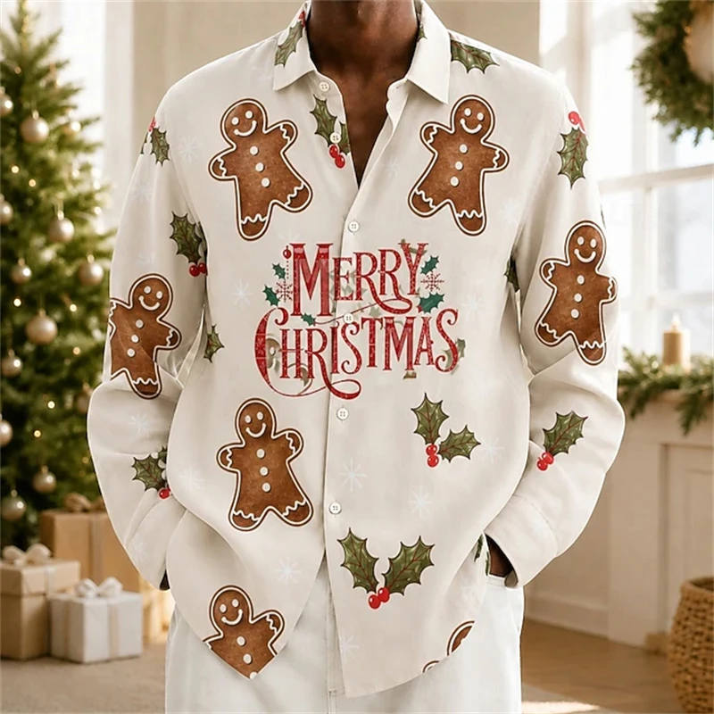 New Men’s Long-Sleeve Christmas Shirt Gingerbread Man Print Button-Down Collared Casual Shirt Festive Party Street-Style Top