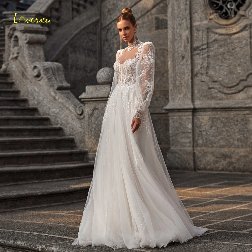 Loverxu A-Linie anmutige Brautkleider High Neck Langarm Vestido de Novia Spitze Perlen Pailletten Illusion Robe de Mariee