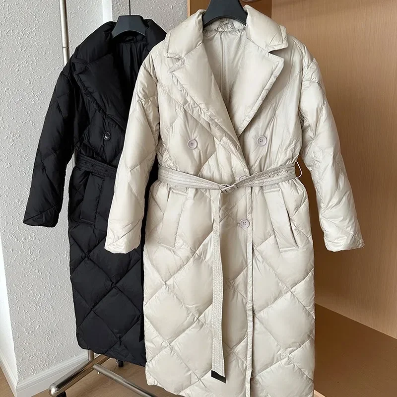 Winter Women Long Double Breasted Coat Turn Down Collar 90% White Duck Down Jacket Rhombic Bathrobe Parkas Windproof Outwear