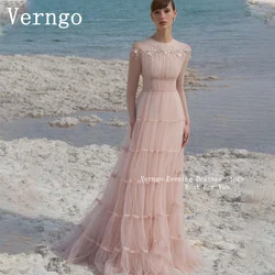 Verngo Baby Pink Tulle Prom Dress Appliques Sequined Formal Party Dress Women Long Sleeves A Line Formal Prom Dress customized