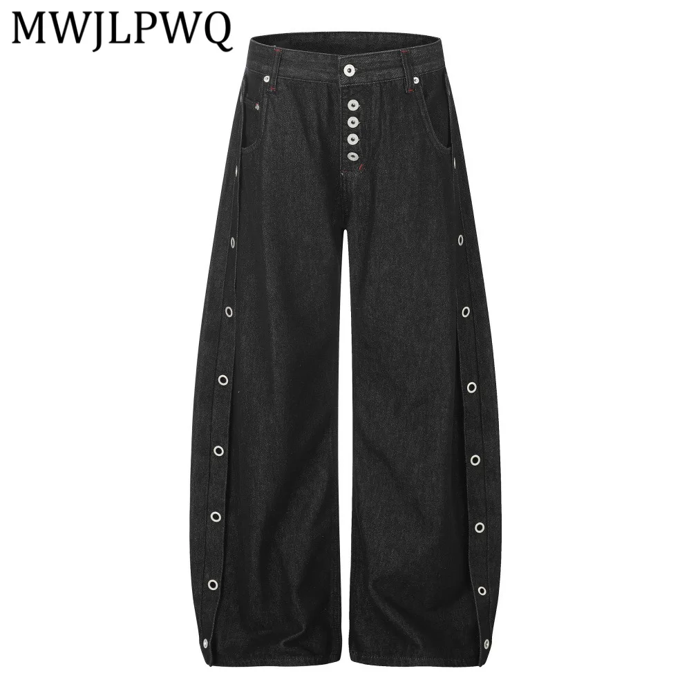 

MWJLPWQ Men's Distinctive Button Trendy Oversized Jeans Unique Metal Design Placket Spring Autumn Loose Wide-Leg Trousers 16205