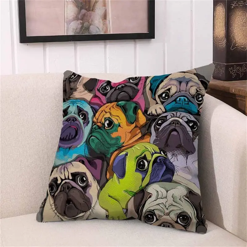 Throw Pillow Covers Pugs Animal Dog Cartoon Face Friend Pet Puppy Color Pillow Case 18x18 Inch Cushion Cover for Home Party