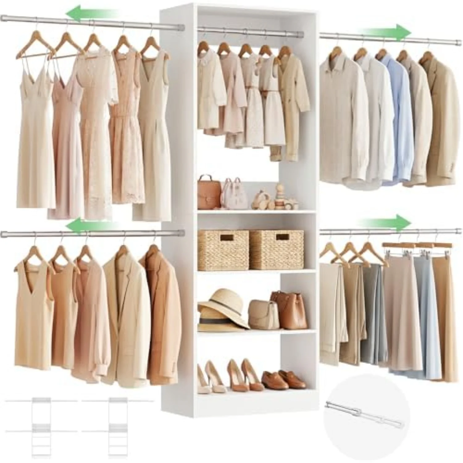 12FT Large Open Closet System, 138'' Wall-Mounted Closet Shelving with 5 Hanging Rods and 6 Shelves, Customizable
