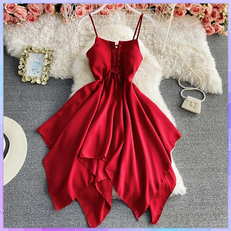 

Sexy Womens Spaghetti Strap Dresses Summer V Neck Sleeveless High Waist Tie Up Female Dress Vestidos Платье Женское 여름 원피스