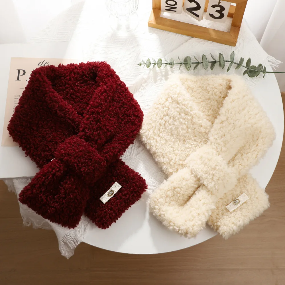 Korean Burgundy Lamb Wool Scarf Women's Autumn and Winter Thickened Warm Soft Waxy Scarf Versatile Solid Color Plush Student Ins
