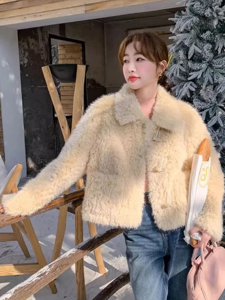 Faux Lamb Cute Sweet Coat Women Winter Long Sleeve Pocket Warm Jacket Korean Fashion Elegant Single Breasted Casual Outwear Tops