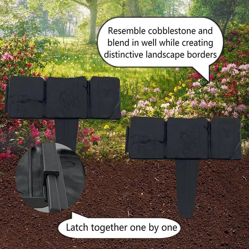 Garden Edging Border, Garden Landscape Edging Borders For Flower Bed, Black Stone Effect Plastic Lawn Edging Fencing