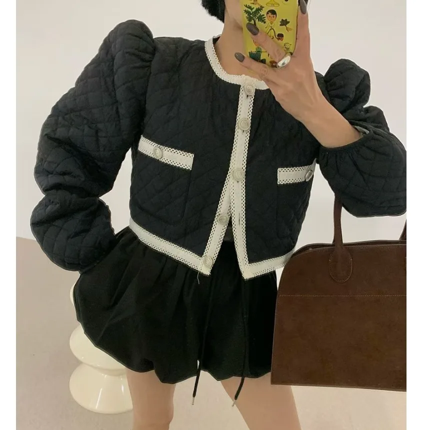 

Women's Loose Fit Cotton Jaet Autumn Winter New Sle Dongda Gate Warm Diamond Pattern Color Blo oulder Pad Top