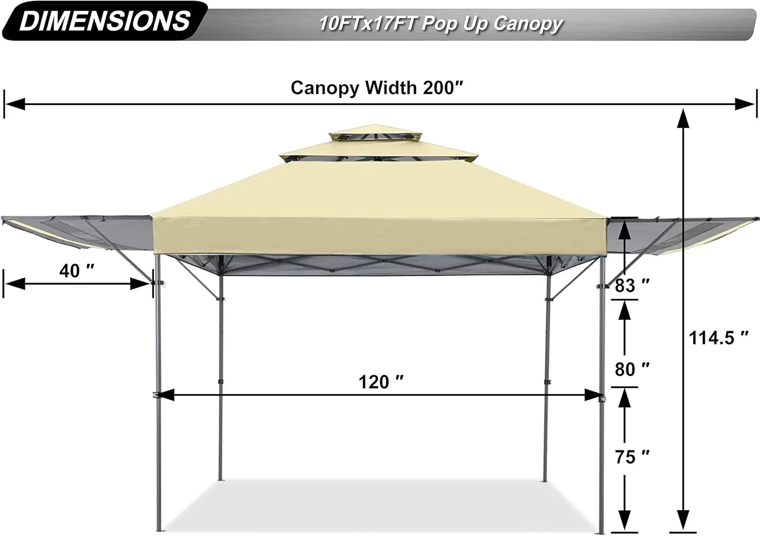 Canopy Tent 10X17 Outdoor 3-Tier Shade with Adjustable Dual Half Awnings, Beige