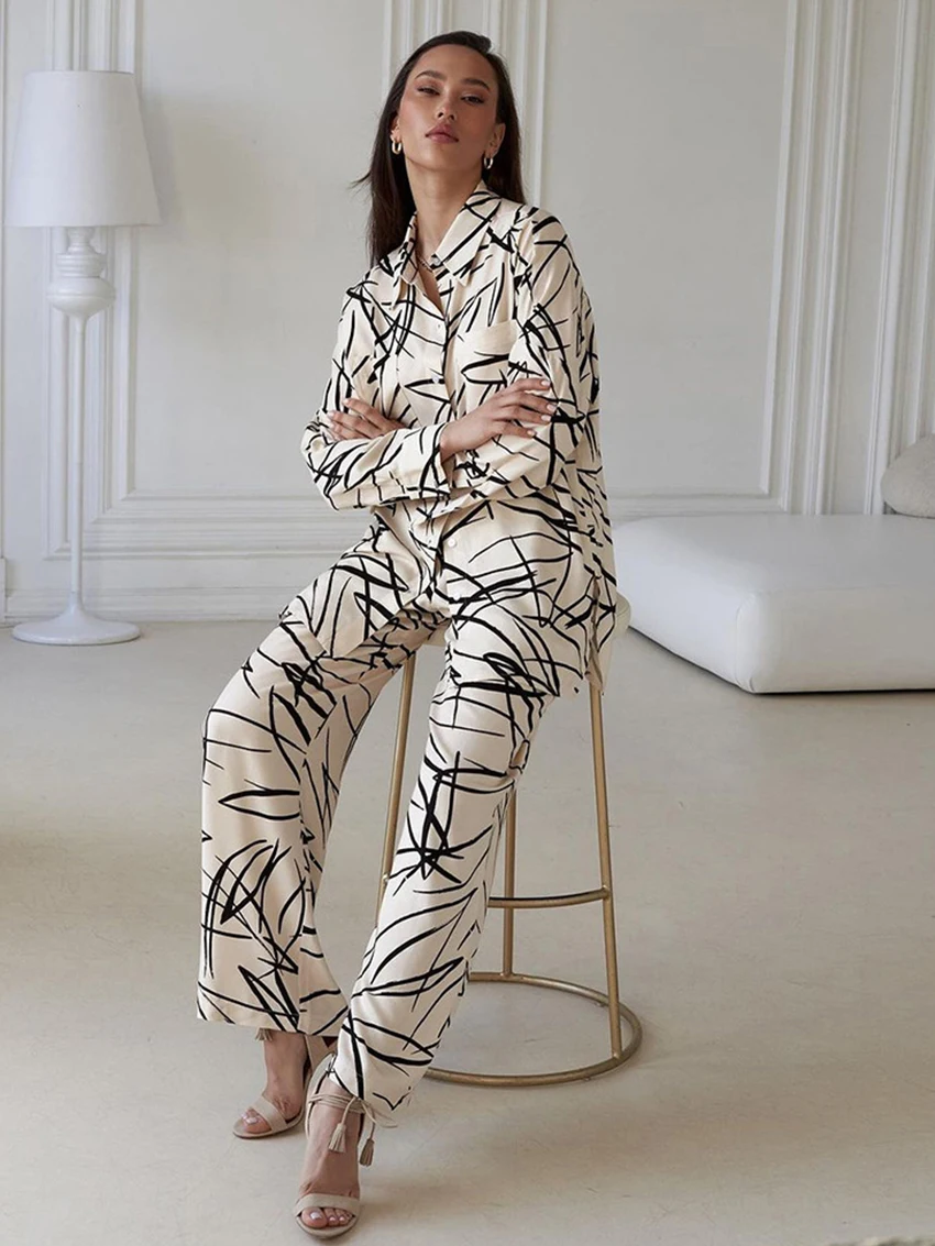 

Marthaqiqi Casual Printing Ladies Nightwear Set Long Sleeve Nightgown Turn-Down Collar Sleepwear Pants Loose Pajama 2 Piece Suit