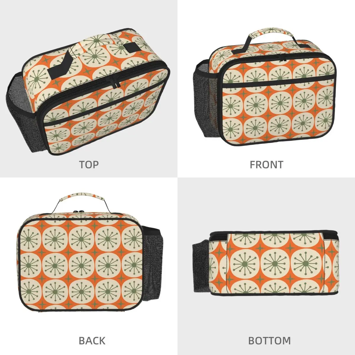 Mid Century Modern Atomic Dots And Stars Olive Green Beige Insulated Lunch Bag for Women Kids Food Boxes Thermal Lunch Box Tote