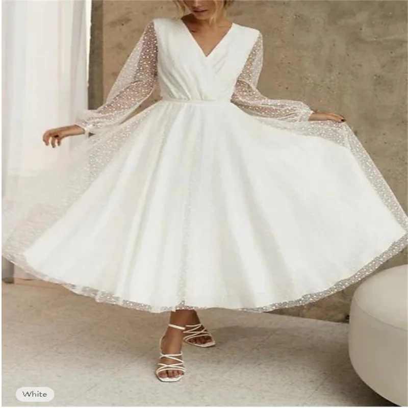 

Beach Little White Dresses Wedding Dresses A-Line V Neck Long Sleeve Tea Length Sequined Bridal Gowns With Beading Solid Color