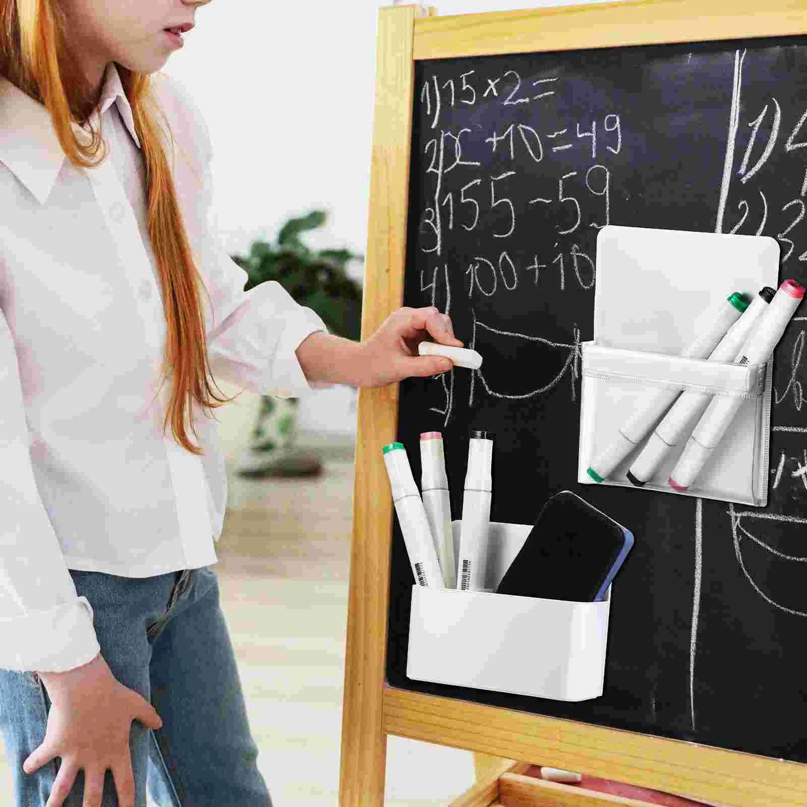 2 Pcs Pen Holder Kit Magnetic ABS PVC Flat Back Strong Adhesive Wall Mountable Desk ganizer Storage Solution Whiteboard Marker