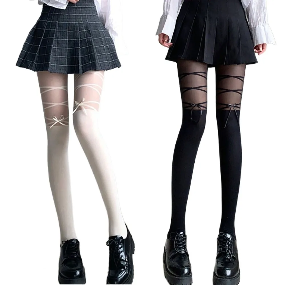 

Women Tights Summer Ultra-thin Transparent Hosiery Fashion Patchwork Cross Mesh Pantyhose Lolita JK Style Girl Long Stockings