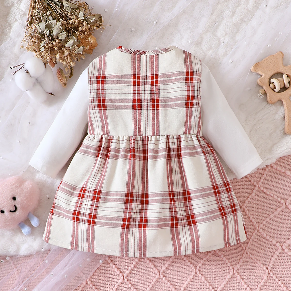 Spring  Autumn Girls Dress Round Neck Long Sleeved Bow Button Checkered Fluffy Dress Fashionable Cute Infant Child