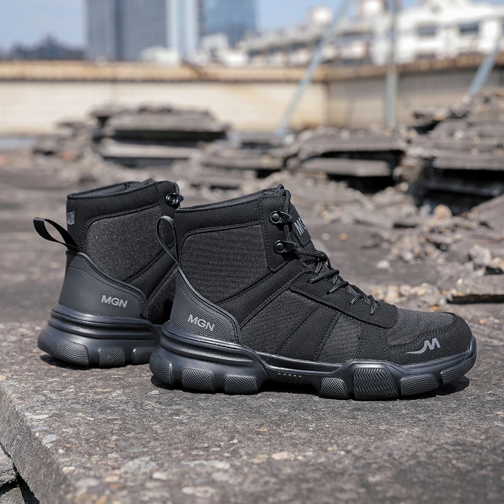 أحذية رجالية غير قابلة للتدمير من الصلب عند أصابع القدم أحذية غير قابلة للانزلاق ومضادة للثقب للتسقيف لجميع المواسم في الهواء الطلق تمنح زوجًا من وسادات الركبة كهدية