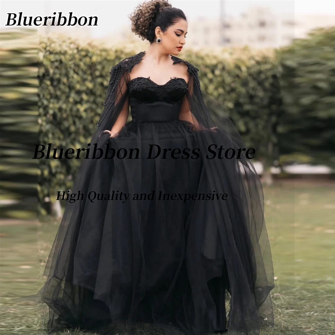 

Blueribbon Black Tulle Prom Evening Dresses Sweetheart Beaded Applique Long Wraps Bride Wear Dress for Wedding Party Customized