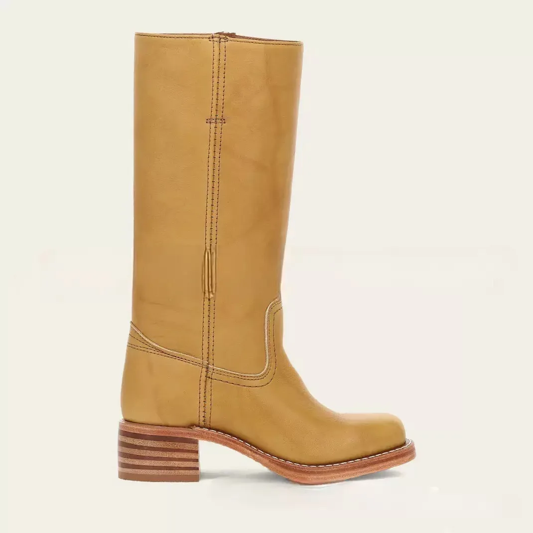 Minimalist Leather Tall Boots Clean-Line Square Toe Low Block Heel Boots Versatile Casual & Work Occasion Footwear