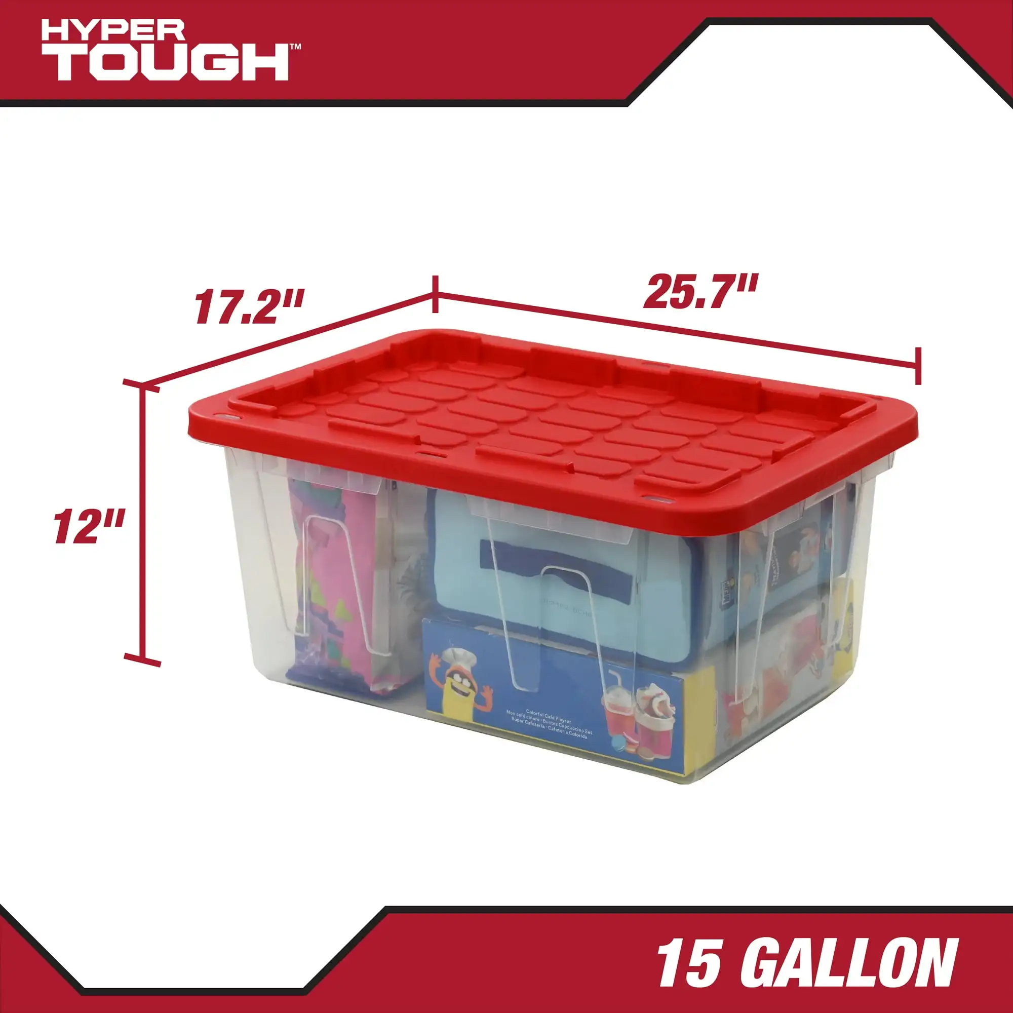 Hyper Tough 15 Gallon Snap Lid Clear Plastic Storage Bin, with Red Lid