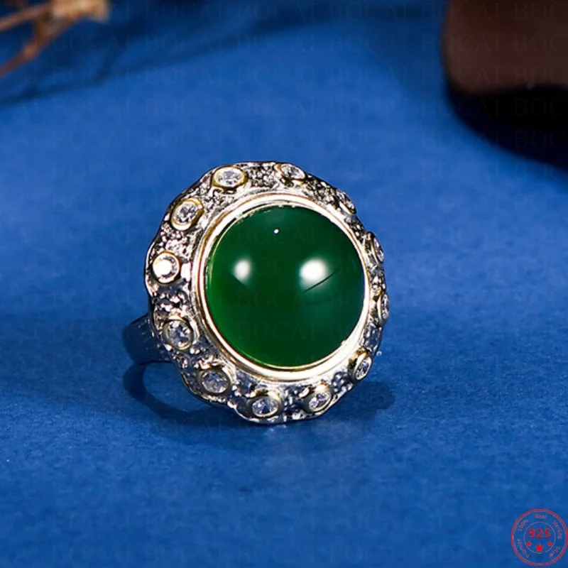 S925 Sterling Silver Charms Rings for Women New Fashion Contrast Colored Inlaid Green Agate Micro Zircon Jewelry